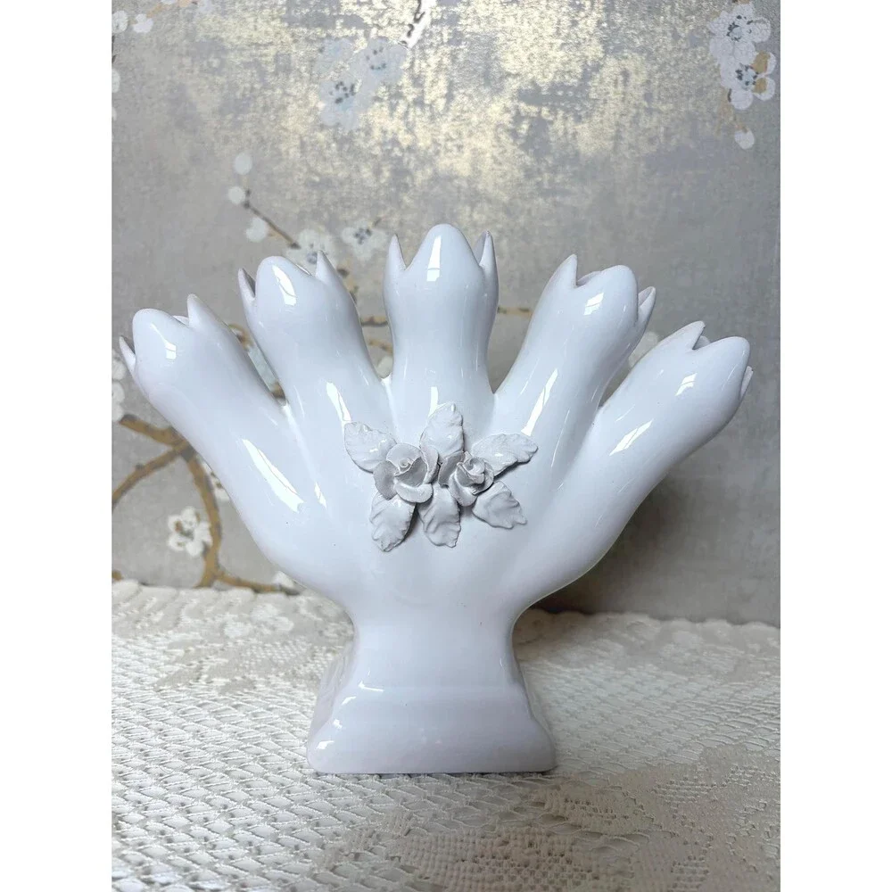 ELPA Alcobaca White Ceramic 5 Finger Tulipiere Bud Vase Rose Portugal Vintage